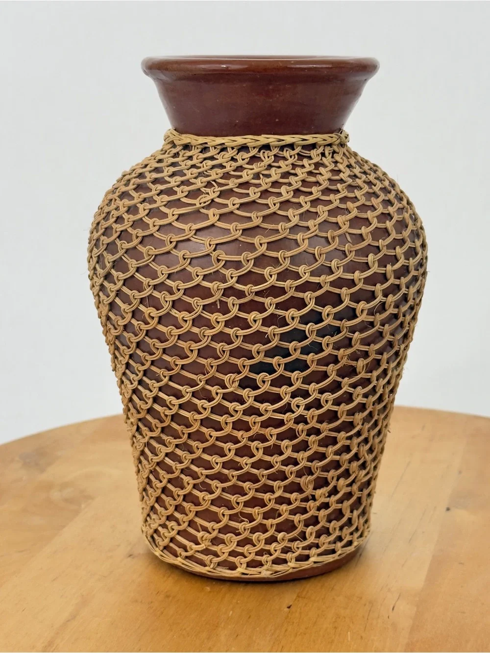 Vintage Woven Wicker Overlay/ Rattan Netted Red Clay Pottery Vase